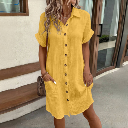 👗😍2025 Rochie cu mânecă scurtă din bumbac și lenjerie de bumbac, lejeră și respirabilă-R