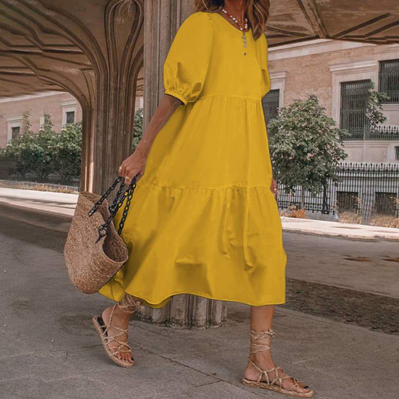 👗Novo u ponudi [S-5XL] Prirodna pamučna i lanena ljetna haljina u boemskom stilu za žene, retro haljina s okruglim izrezom<
