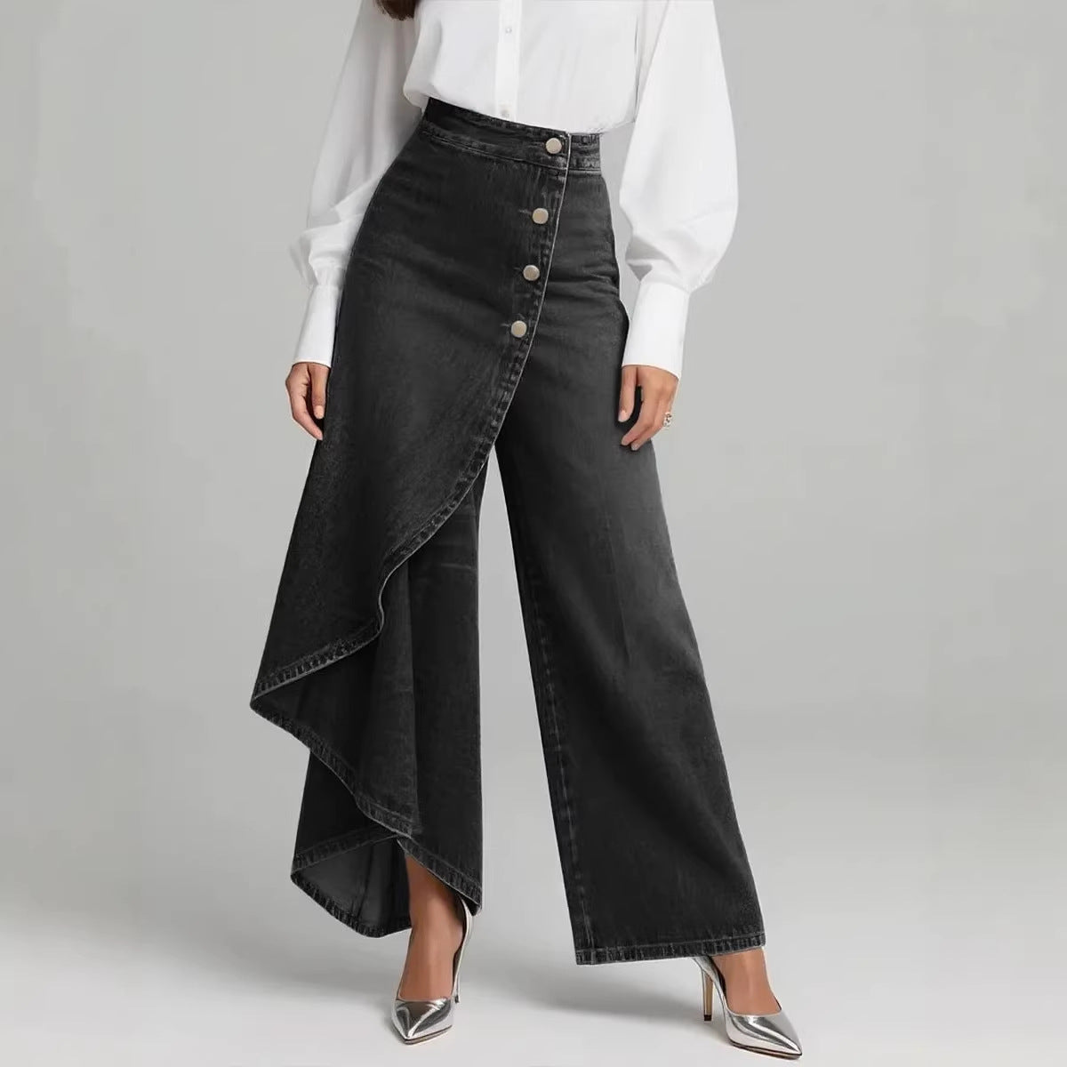 🥇 Vaqueros de cintura alta y pernera ancha para mujer, ajuste holgado con diseño elegante-E