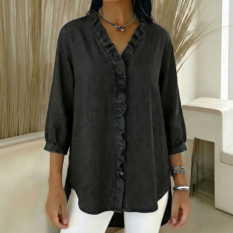 【S-3XL】Koszula damska casualowa z jeansu z dekoltem w serek i falbankami-4247972