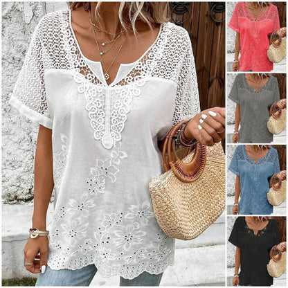 💝 2025 Top tricou cu mânecă scurtă din dantelă pentru femei, cu decolteu în V 3690094