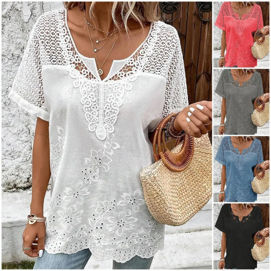 💝 2025 Top tricou cu mânecă scurtă din dantelă pentru femei, cu decolteu în V 3690094