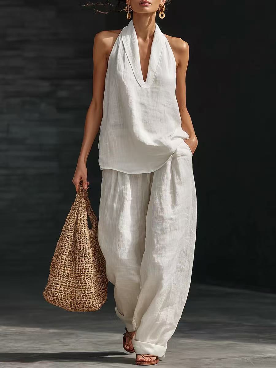 【S-5XL】💥Conjunto casual para mujer, top con cuello en V + pantalón de pierna ancha-E