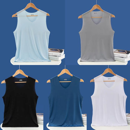 ❄️【Kup 3, otrzymaj 2 gratis – razem 5 sztuk 🔥】【L–5XL】Letni męski podkoszulek z jedwabiu lodowego, bezszwowy, cienki fason, duże rozmiary