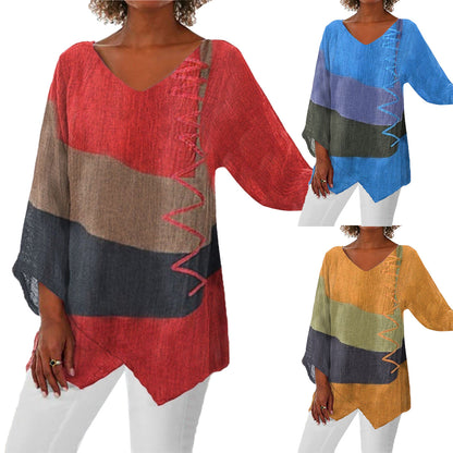 🍁 【S–4XL】Blusa de lino holgada con cuello en V y mangas largas para mujer – Nueva colección 2026 ✨-E