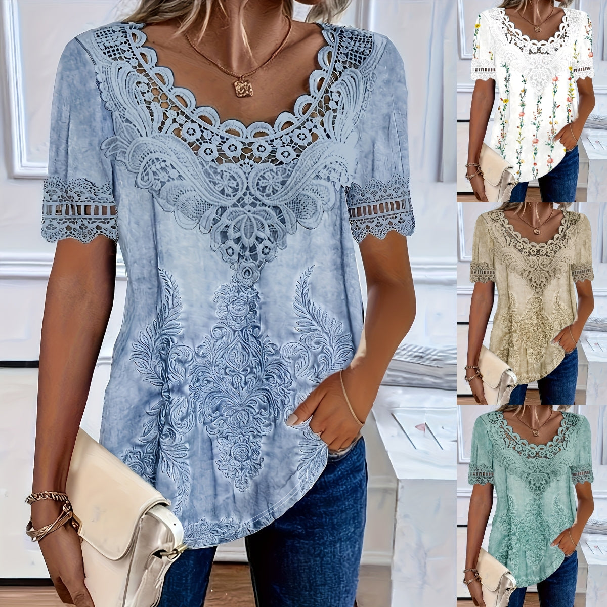 💕🌺【S-6XL】 2025, noua moda, confortabil, respirabil, tricou casual din dantela pentru femei