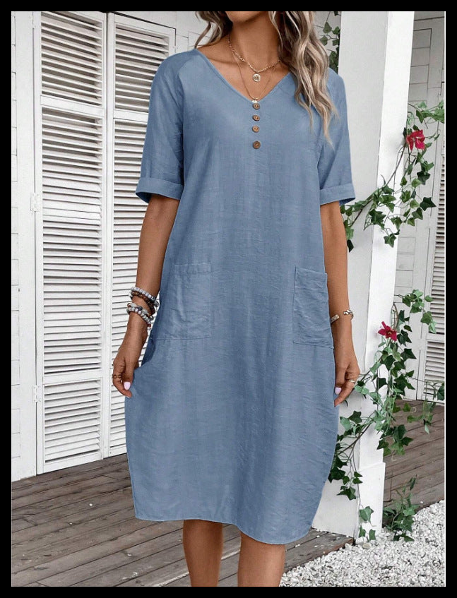 【S-3XL】Vestido de mujer de algodón y lino con mangas abullonadas y botones