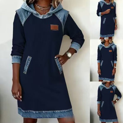 🔥【Novedades de invierno】🌷🌞Nuevo vestido vaquero patchwork de invierno con capucha-E