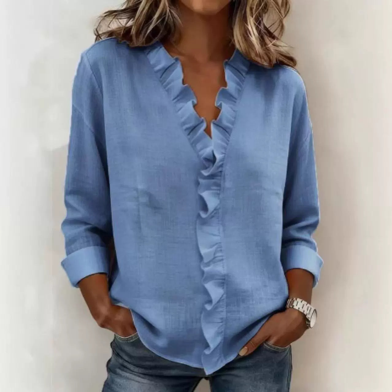 🔥 Pago contra reembolso ✅️【40-100kg】Camisa vaquera informal para mujer con cuello en V y volantes