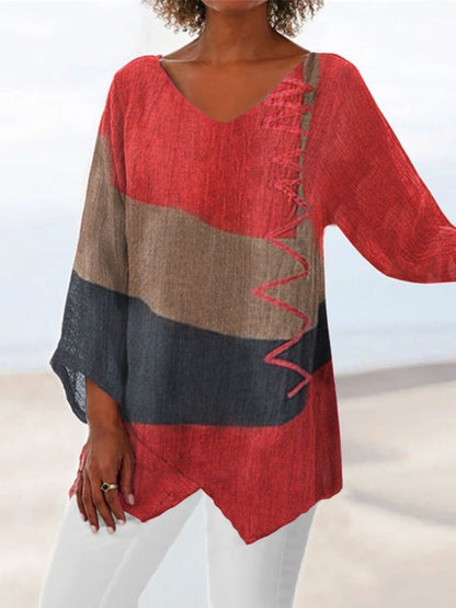 ⏳ Utolsó nap – 50% kedvezmény 😍【S~5XL】Női elegáns hétköznapi felső: V-nyakú, hosszú ujjú, művészi mintás nyomat-U