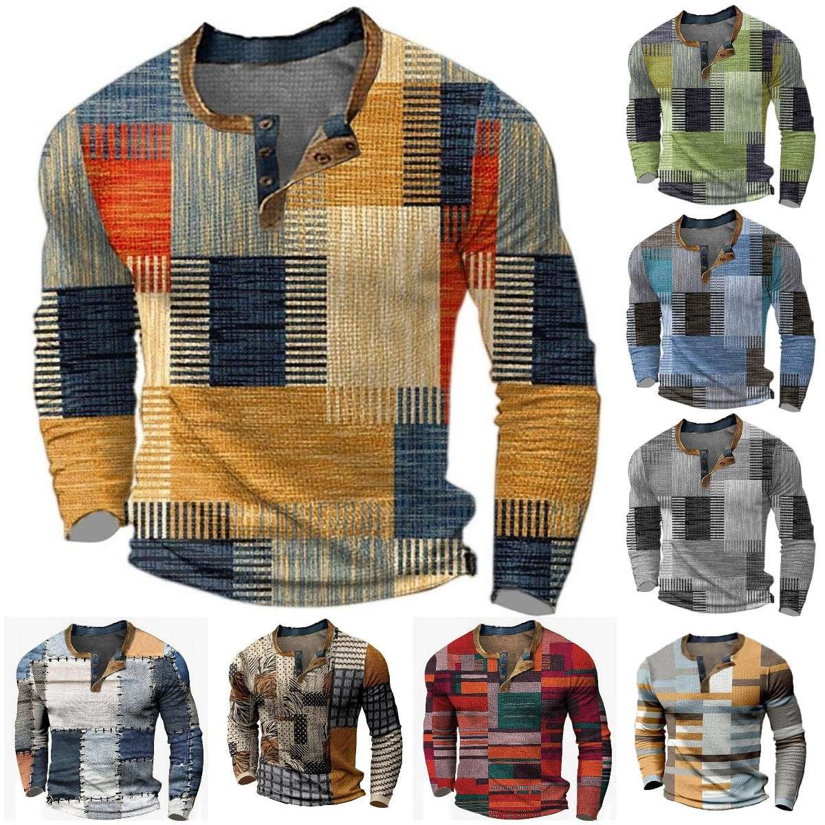 🌴🌈【50% de descuento🔥】【S-4XL】👔😍 Nueva colección de camisas para hombre con estampado, de manga larga, estilo relajado Henry, disponibles en varios colores.-E
