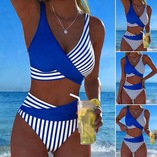 🩱【S-3XL】Bikini de dos piezas con bloques de color y estampado de rayas – Pago contra entrega-E