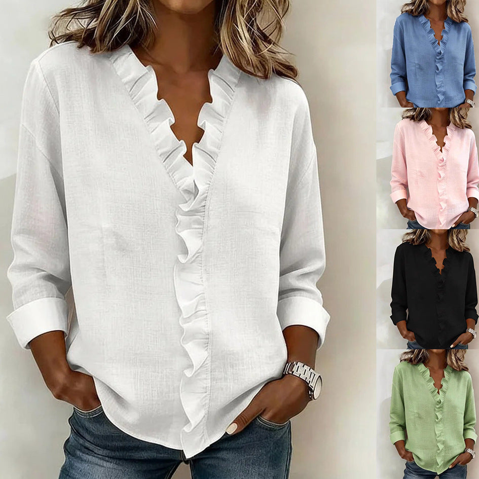 🔥 Pago contra reembolso ✅️【40-100kg】Camisa vaquera informal para mujer con cuello en V y volantes