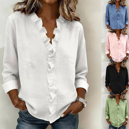 🔥 Pago contra reembolso ✅️【40-100kg】Camisa vaquera informal para mujer con cuello en V y volantes