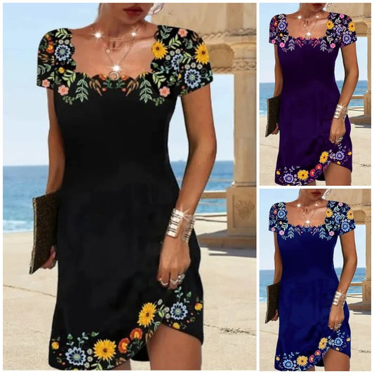 【Oryginalna zniżka fabryczna 45%】2025 Summer Wave Neck Print Short Sleeve Dress-3954716