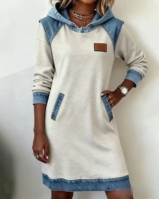 🔥【Novedades de invierno】🌷🌞Nuevo vestido vaquero patchwork de invierno con capucha-E