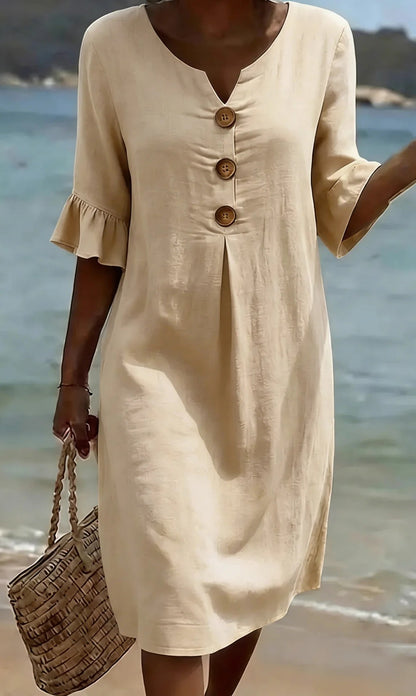 【S-3XL】Vestido de mujer de algodón y lino con mangas abullonadas y botones-E
