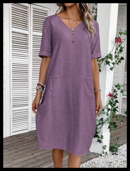 【S-3XL】Vestido de mujer de algodón y lino con mangas abullonadas y botones