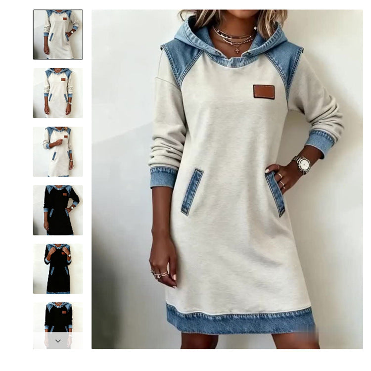 🔥【Novedades de invierno】🌷🌞Nuevo vestido vaquero patchwork de invierno con capucha-E