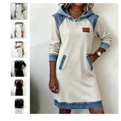 🔥【Novedades de invierno】🌷🌞Nuevo vestido vaquero patchwork de invierno con capucha-E