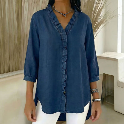 【S-3XL】Koszula damska casualowa z jeansu z dekoltem w serek i falbankami-4247972