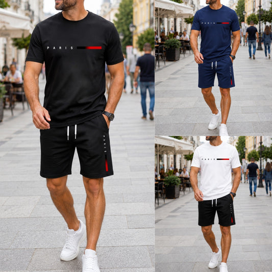 【Pago contra entrega】Conjunto deportivo de verano de 2 piezas para hombre: cómoda camiseta de manga corta y pantalones cortos para el día a día y el hogar.-E