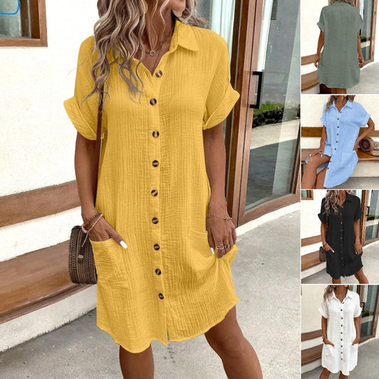 👗😍2025 Rochie cu mânecă scurtă din bumbac și lenjerie de bumbac, lejeră și respirabilă-R