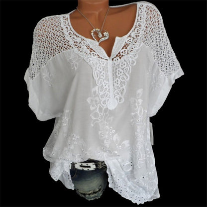 💝 2025 Top tricou cu mânecă scurtă din dantelă pentru femei, cu decolteu în V 3690094
