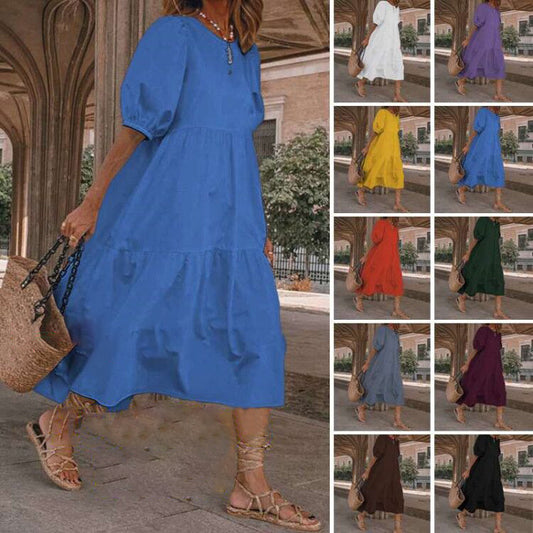 👗Novo u ponudi [S-5XL] Prirodna pamučna i lanena ljetna haljina u boemskom stilu za žene, retro haljina s okruglim izrezom<
