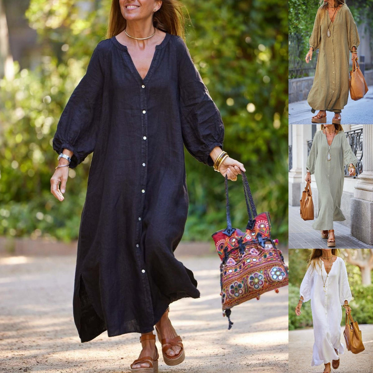 👗Ograničeno vrijeme 45% popusta🎁 [S–3XL] Nova ženska duga haljina-košulja s V-izrezom, prirodni materijal od pamuka i lana, veća veličina