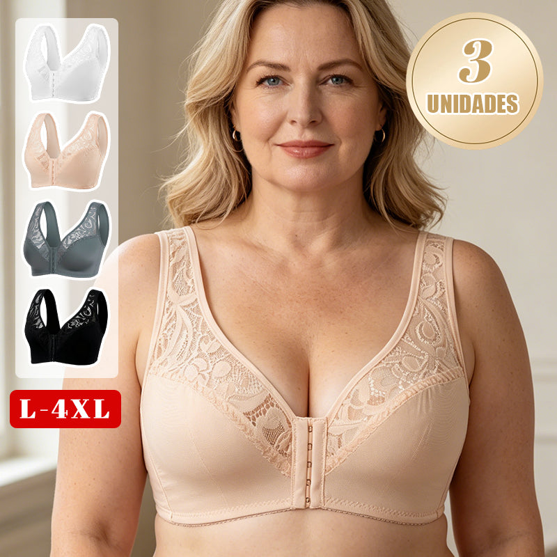 💖¡Precio mínimo histórico! 【Conjunto de 3 piezas】 【Tallas L-4XL】 😍🩲 Sujetador push-up para tallas grandes: hermoso encaje, diseño con efecto realce y copas, cierre frontal.-E
