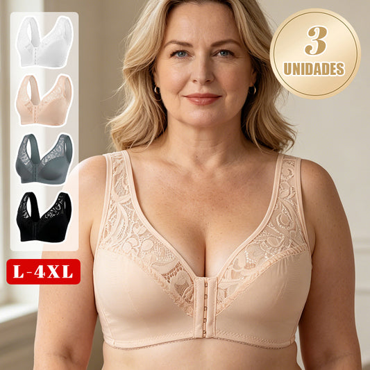 💖¡Precio mínimo histórico! 【Conjunto de 3 piezas】 【Tallas L-4XL】 😍🩲 Sujetador push-up para tallas grandes: hermoso encaje, diseño con efecto realce y copas, cierre frontal.-E