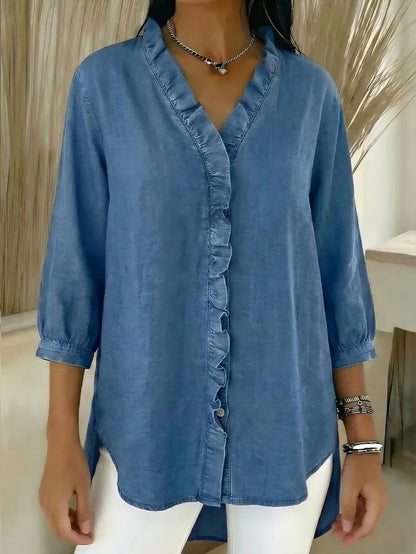 🔥 Pago contra reembolso ✅️【40-100kg】Camisa vaquera informal para mujer con cuello en V y volantes-E