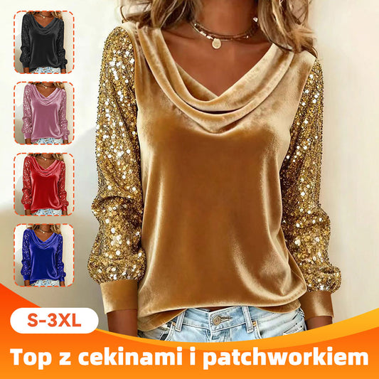 🔥**Damska Modna Bluzka z Weluru, Złożonym Kołnierzykiem, Połączona z Strysami, Długim Rękawem**🔥-4181748