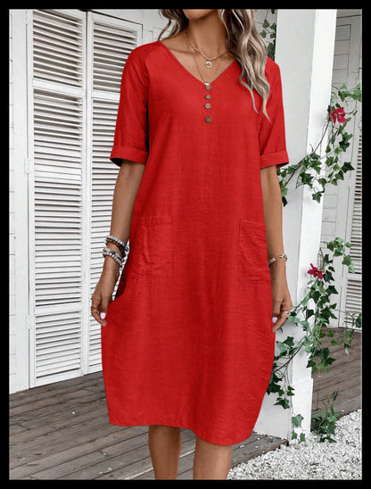 【S-3XL】Vestido de mujer de algodón y lino con mangas abullonadas y botones