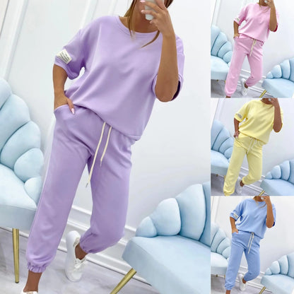 Conjunto casual de top y pantalón liso para mujer-E
