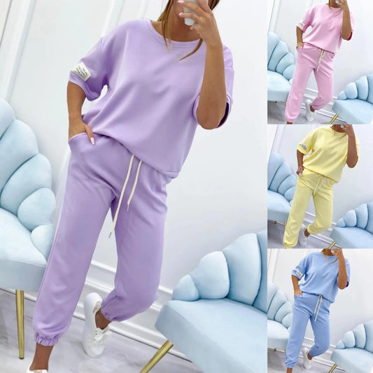 Conjunto casual de top y pantalón liso para mujer-E