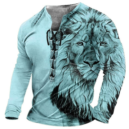 【S-4XL】Męska koszulka z nadrukiem 3D z motywem lwa, z długim rękawem, casualowa