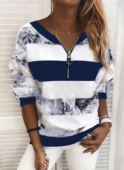 【S-5XL】 2025 otoño nueva camiseta de manga larga informal holgada con cuello en V y cremallera-E