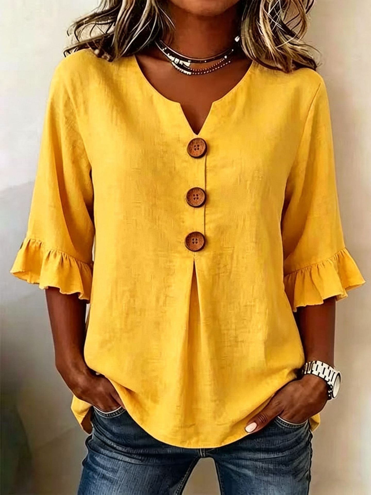 [S-3XL] Új női V-nyakú, fodros szélű blúz, pamut-len keverék, gombos nyakkal: egyszerű és elegáns.-U.