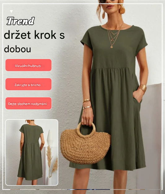 🌈💃【Sleva 50 %】【S–2XL】😍 Letní dámské šaty ve větších velikostech, volný OL styl, áčkový střih, kulatý výstřih-Z