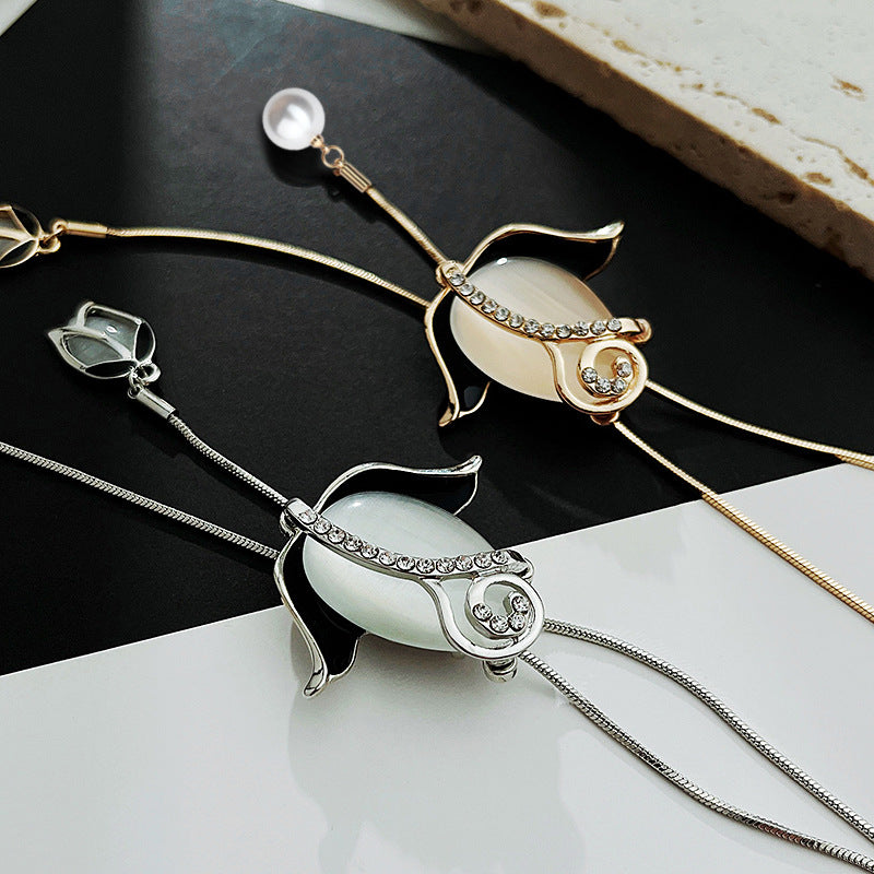 💝【Compra 1, llévate 1 gratis】✨Collar largo de tulipán con ojo de gato, cadena para suéter, accesorios de ropa-E