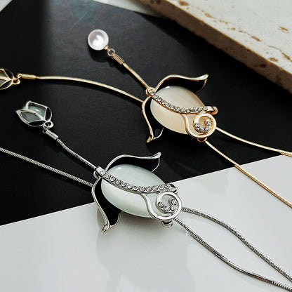 💝【Compra 1, llévate 1 gratis】✨Collar largo de tulipán con ojo de gato, cadena para suéter, accesorios de ropa-E