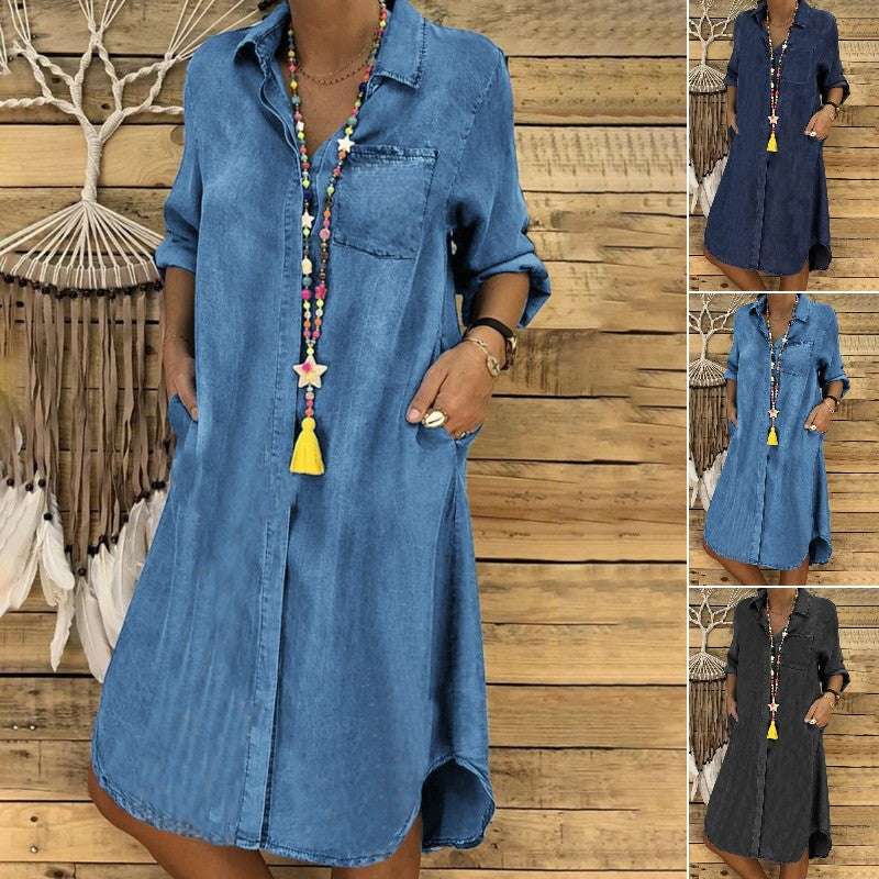 【🔥Compre 1 y obtenga 1 gratis】🥰【S~5XL】🔥2024 Vestido vaquero de talla grande para mujer, vestido informal liso-E