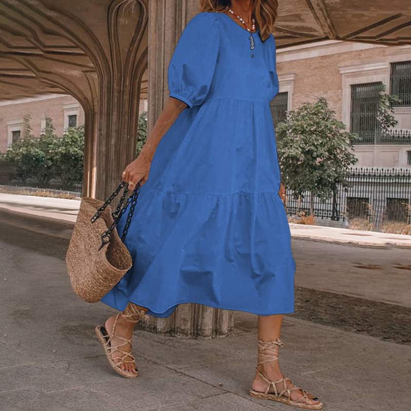 👗Novo u ponudi [S-5XL] Prirodna pamučna i lanena ljetna haljina u boemskom stilu za žene, retro haljina s okruglim izrezom<