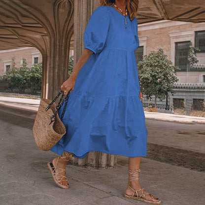 👗Novo u ponudi [S-5XL] Prirodna pamučna i lanena ljetna haljina u boemskom stilu za žene, retro haljina s okruglim izrezom<