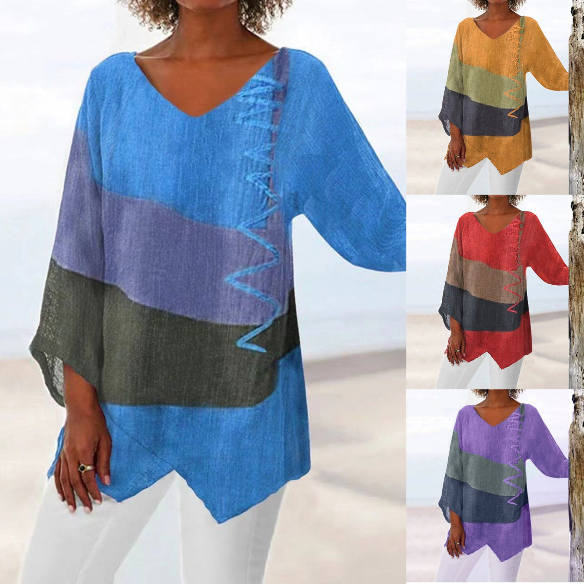 ⏳ Utolsó nap – 50% kedvezmény 😍【S~5XL】Női elegáns hétköznapi felső: V-nyakú, hosszú ujjú, művészi mintás nyomat-U