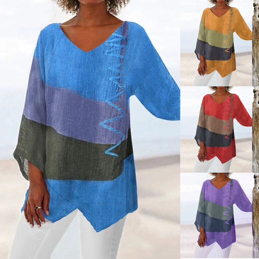 ⏳ Utolsó nap – 50% kedvezmény 😍【S~5XL】Női elegáns hétköznapi felső: V-nyakú, hosszú ujjú, művészi mintás nyomat-U