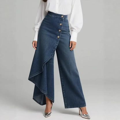 🥇 Vaqueros de cintura alta y pernera ancha para mujer, ajuste holgado con diseño elegante-E