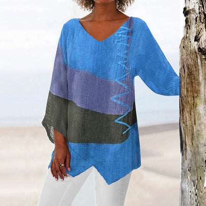 🍁 【S–4XL】Blusa de lino holgada con cuello en V y mangas largas para mujer – Nueva colección 2026 ✨-E